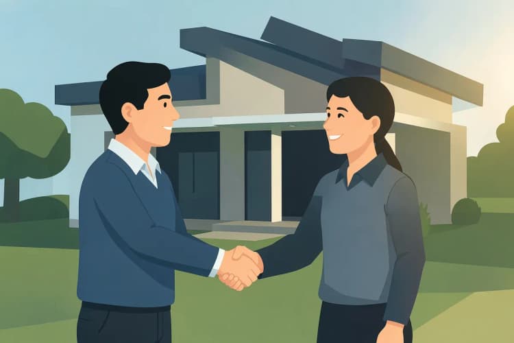 Corretor de imóveis sorrindo e apertando a mão de um cliente em frente a uma casa em Paranaguá