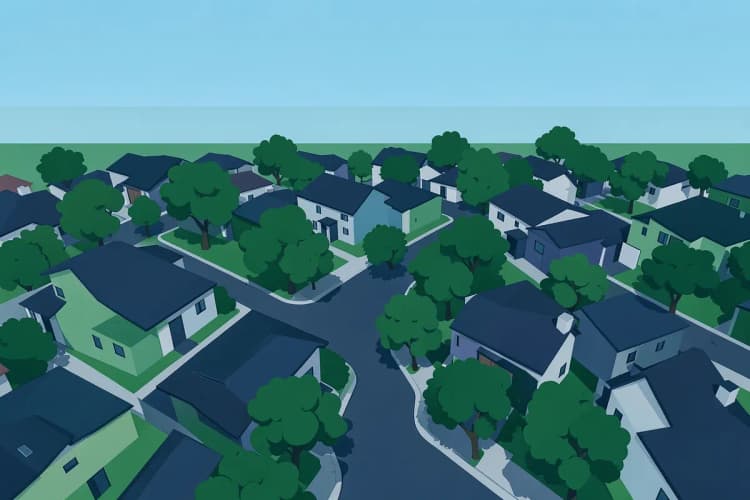 Vista aérea de um bairro residencial com casas e ruas arborizadas em Paranaguá