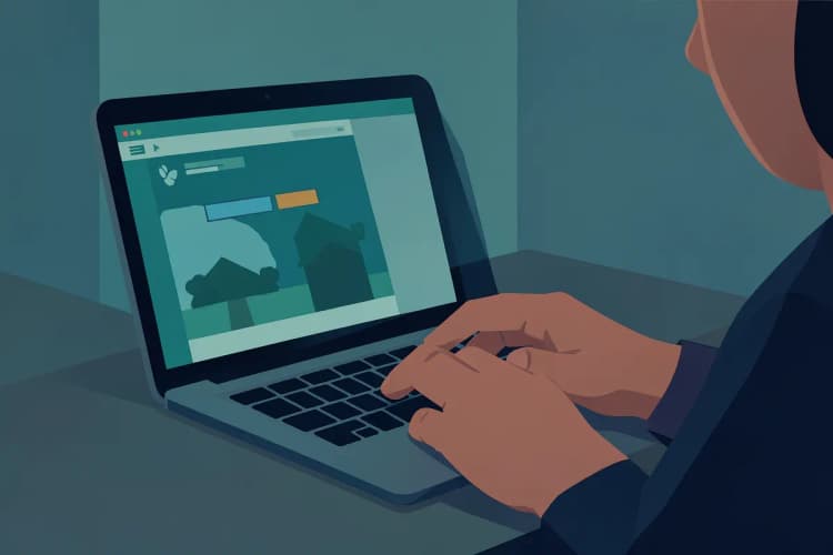 Pessoa usando um laptop para procurar imóveis online em Paranaguá