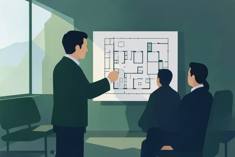 Corretor de imóveis mostrando uma planta de casa para clientes em um escritório em Paranaguá