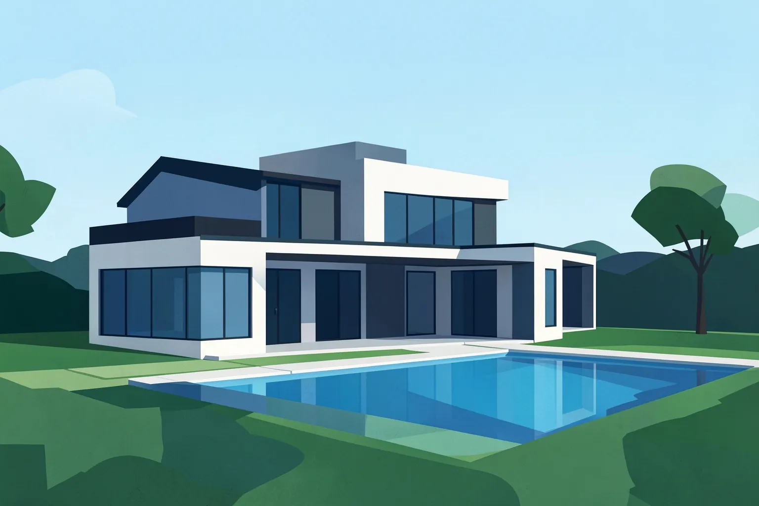 Fachada de casa em estilo moderno com piscina e área verde em Paranaguá