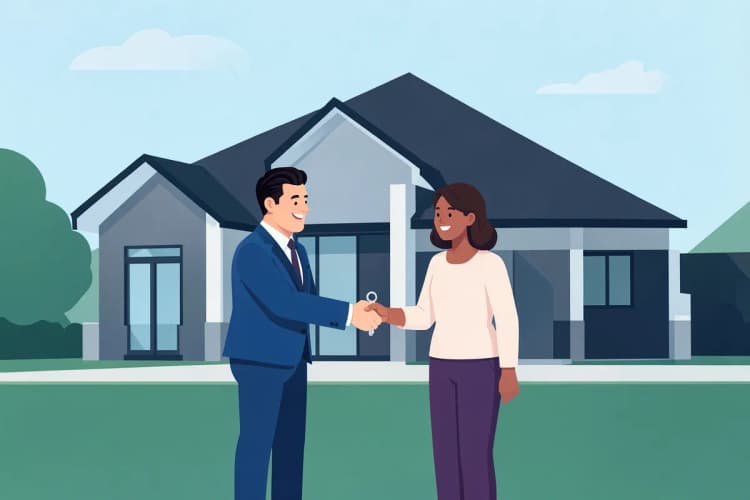 Um agente imobiliário sorrindo e mostrando uma chave de casa para um casal feliz em frente a uma casa nova.