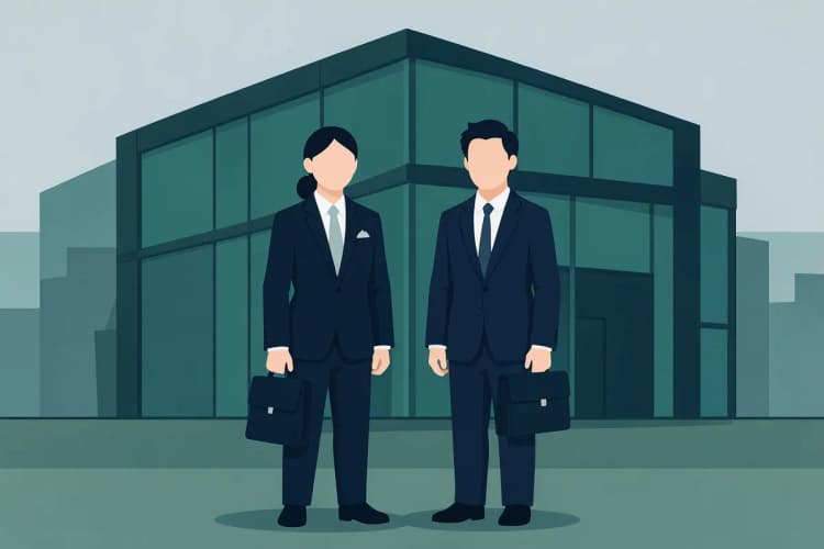 Um agente imobiliário e um corretor de imóveis lado a lado, ambos com pastas, em frente a um prédio comercial.