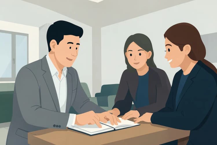 Um agente imobiliário em uma reunião com clientes, apontando para um contrato em uma mesa em uma sala de estar moderna.