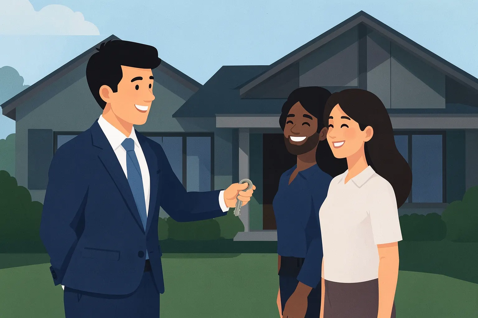 Um agente imobiliário sorrindo e mostrando uma chave de casa para um casal feliz em frente a uma casa nova.