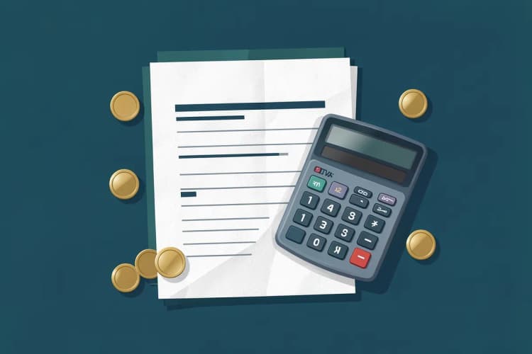 Uma calculadora e moedas de dinheiro sobre um contrato de financiamento imobiliário.