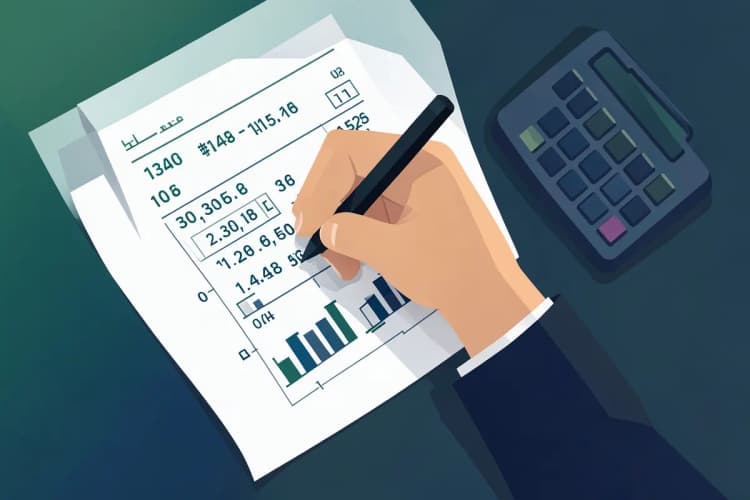 Uma mão escreve em um papel com números e gráficos, com uma calculadora ao lado.