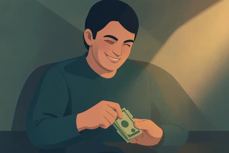 Uma pessoa contando dinheiro em espécie com um sorriso.
