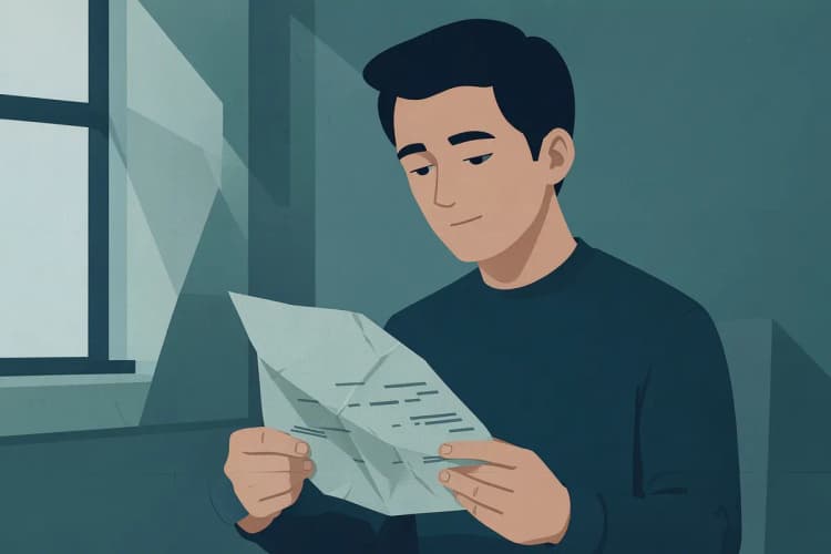 Uma pessoa pensativa olhando para um contrato de financiamento imobiliário.