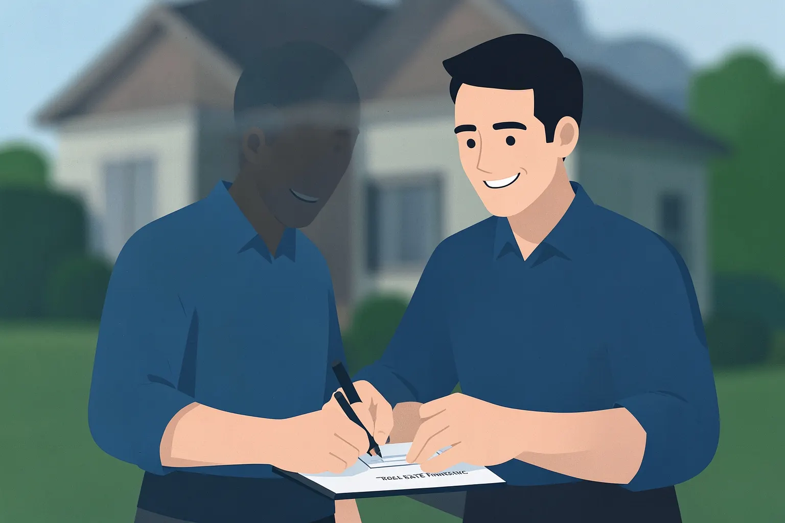 Um homem sorri enquanto assina um contrato de financiamento imobiliário com uma casa ao fundo.