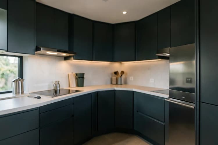 Uma cozinha moderna e funcional com armários planejados e eletrodomésticos de aço inoxidável.