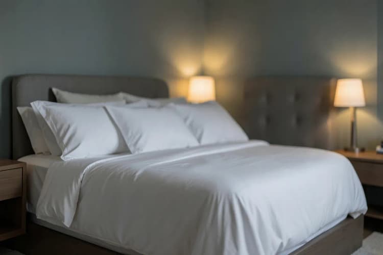 Um quarto de casal com cama grande, decoração clean e iluminação suave.