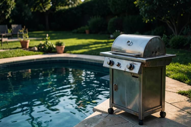 Uma área externa com piscina e churrasqueira, ideal para lazer e entretenimento.