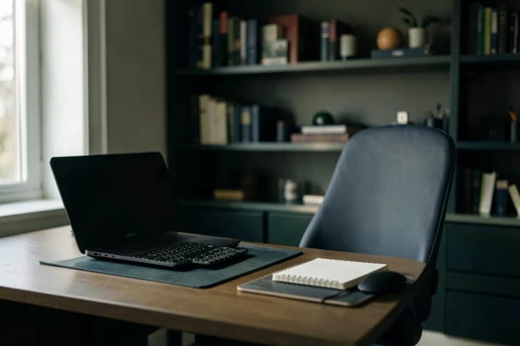 Um escritório doméstico com mesa, cadeira ergonômica e estantes organizadas.