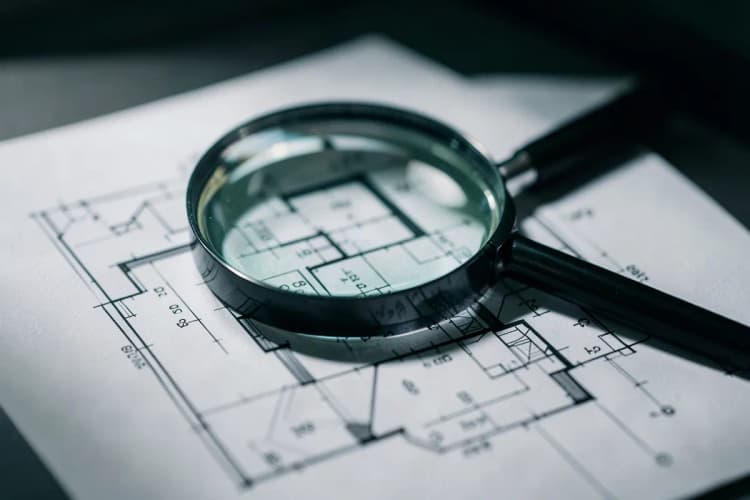 Fatores que influenciam o valor da consultoria imobiliária: lupa sobre planta de imóvel.