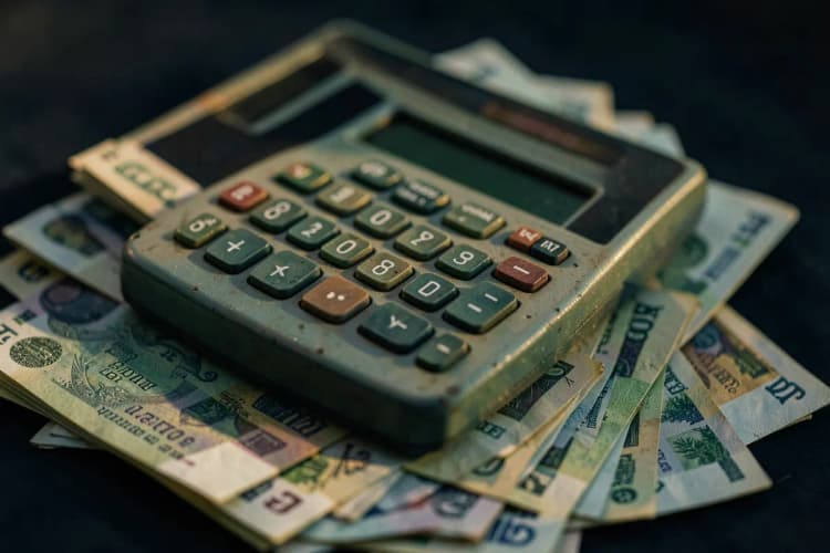 Como calcular o valor da consultoria imobiliária: calculadora e notas de dinheiro.