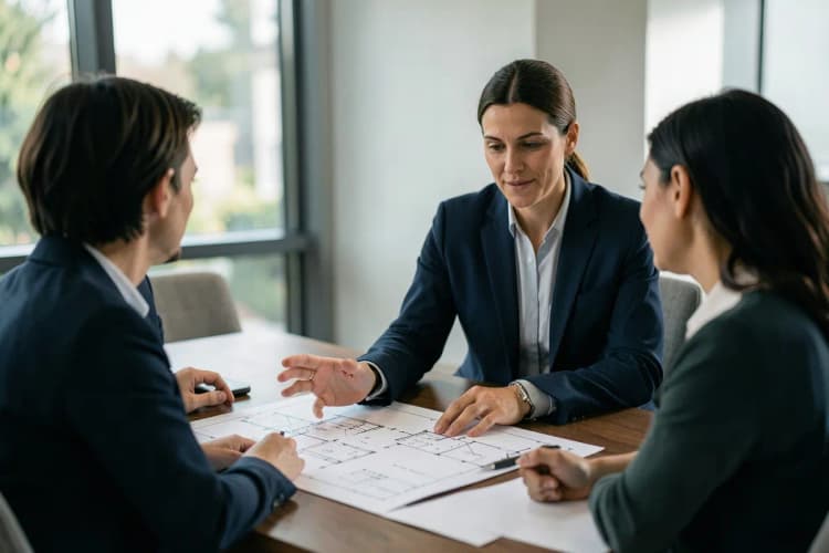 corretor de imóveis apresentando um imóvel a clientes