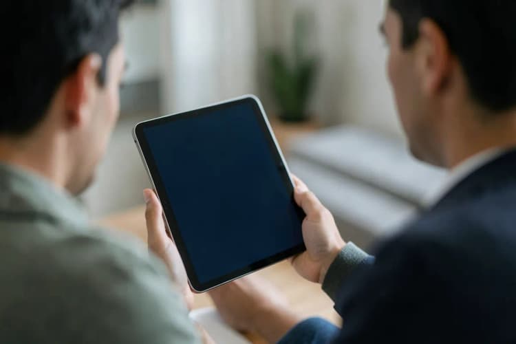 corretor de imóveis usando tablet em reunião com clientes