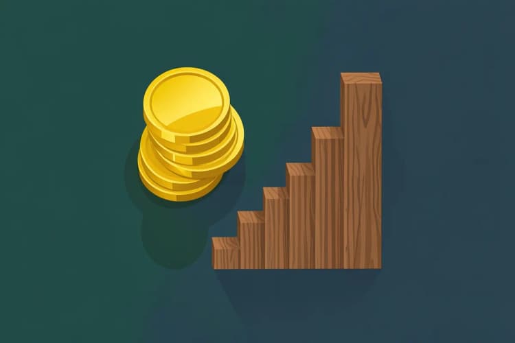 Gráfico de barras ascendente simbolizando crescimento financeiro, com moedas ao lado.
