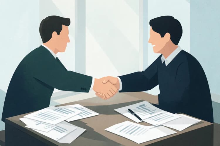 Duas pessoas apertando as mãos sobre uma mesa com documentos, simbolizando acordo de financiamento.