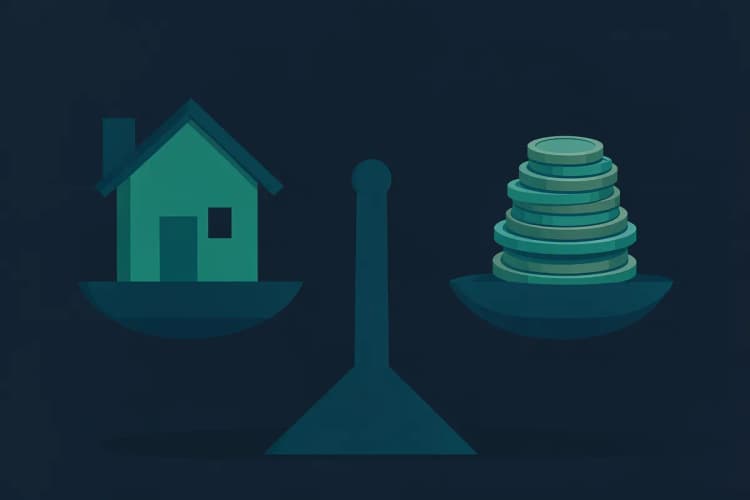 Uma balança com uma casa de um lado e dinheiro do outro, representando a escolha entre financiamento e empréstimo.