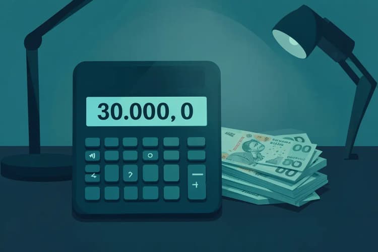 Uma calculadora mostrando o valor de R$ 30.000,00 com notas de dinheiro ao lado.