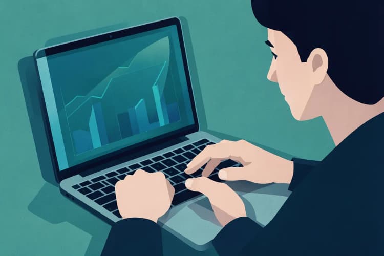 Uma pessoa usando um laptop para simular um financiamento, com gráficos simples na tela.
