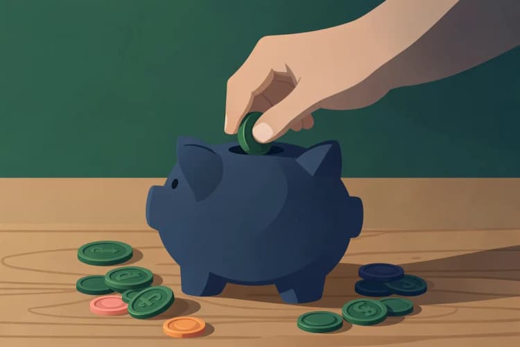 Uma mão colocando uma moeda em um cofrinho em forma de porquinho, com outras moedas ao redor.