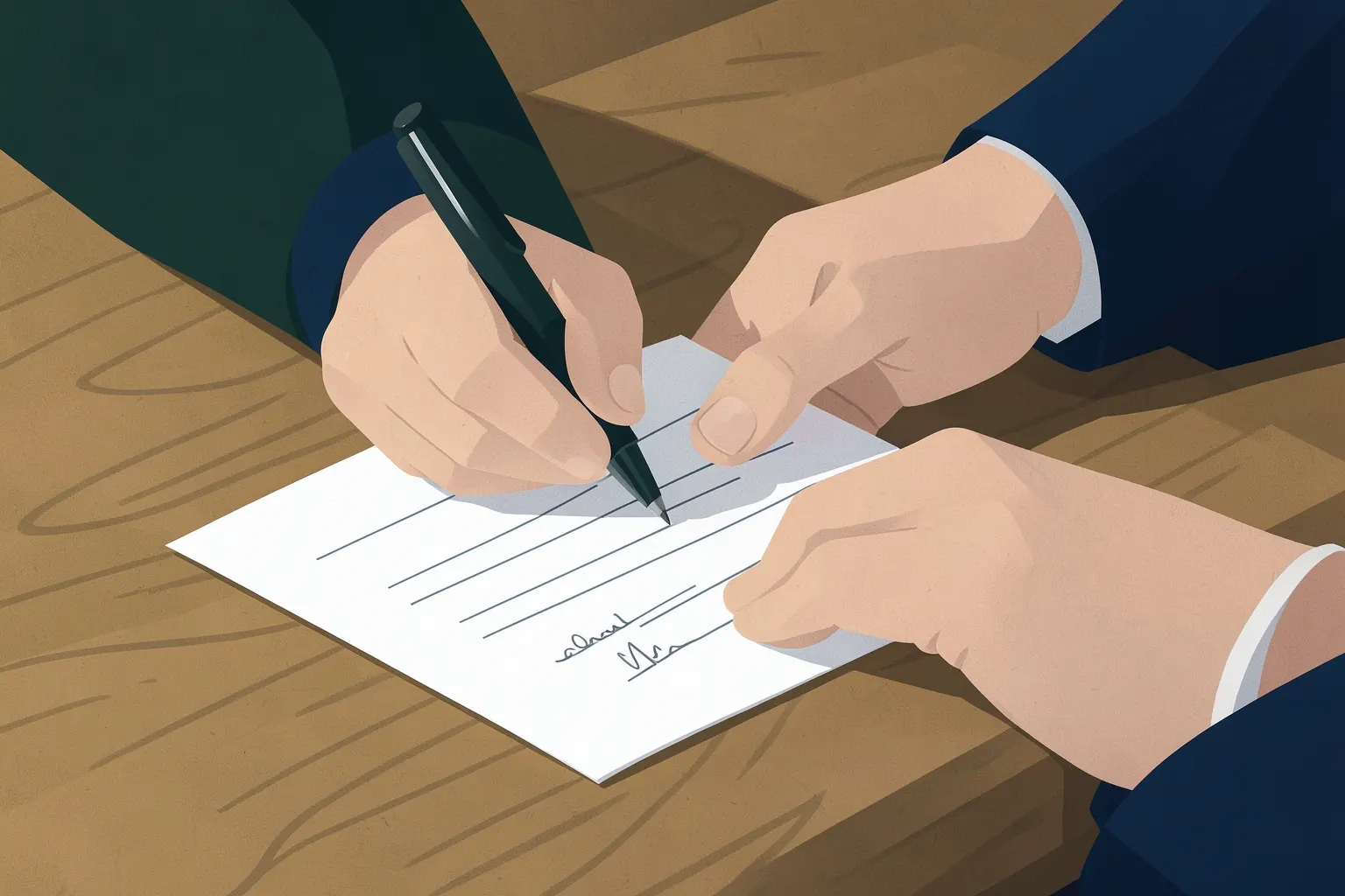 Uma pessoa assinando um contrato de financiamento com uma caneta, com foco nas mãos e no documento.