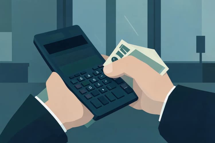 Mão segurando calculadora e notas de dinheiro, close-up, luz de escritório, mão calculando