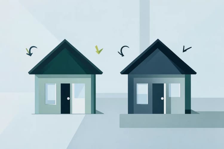 Duas casas em miniatura com setas indicando opções, plano médio, luz de escritório, casas com setas