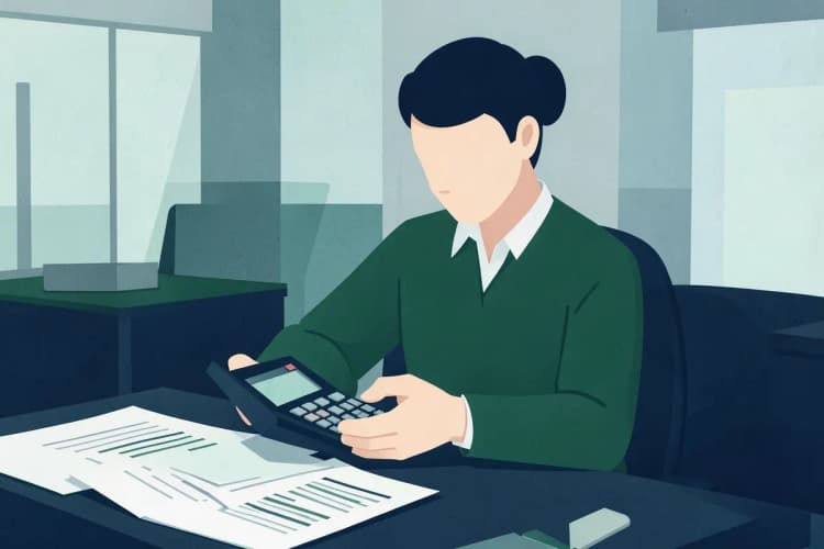 Pessoa calculando com calculadora e papéis, plano médio, luz de escritório, pessoa com calculadora
