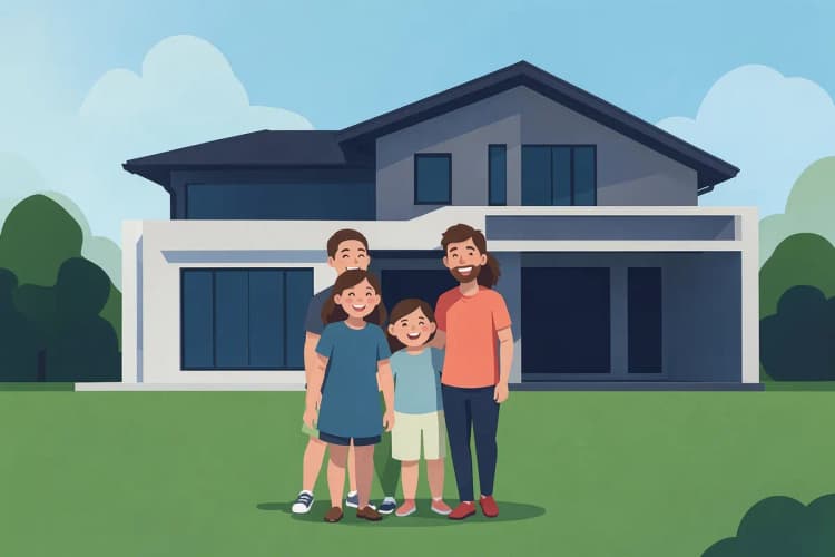 família feliz em frente a casa nova, financiamento imobiliário caixa