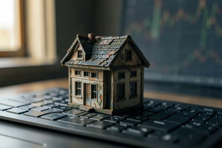 Uma casa em miniatura sobre um teclado de computador com gráficos financeiros ao fundo.