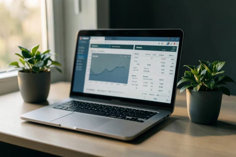 Uma pessoa usando um laptop para simular um financiamento imobiliário com gráficos na tela.