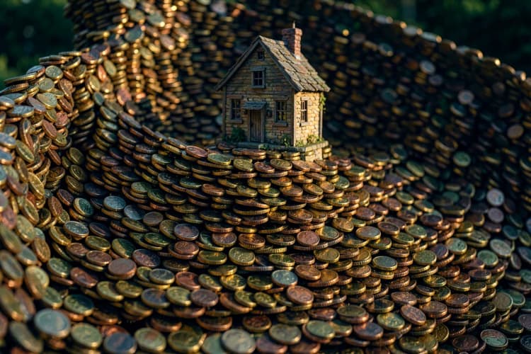 Uma pilha de moedas de dinheiro crescendo em forma de degraus com uma casa no topo.