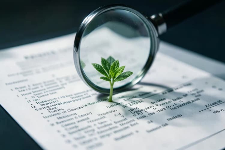 Uma lupa examinando um contrato de financiamento imobiliário com uma planta crescendo ao lado.