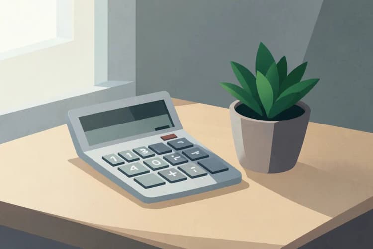Uma calculadora e uma planta pequena sobre uma mesa de madeira clara.