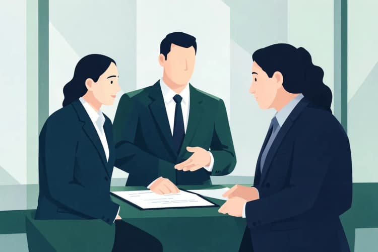 Um consultor imobiliário explicando um contrato para um casal em uma sala de reunião.