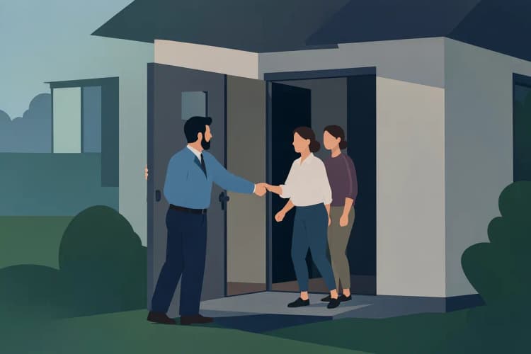 Um corretor de imóveis mostrando uma casa para clientes.