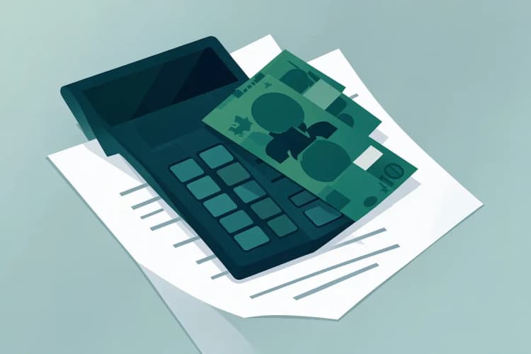 Uma calculadora e notas de dinheiro sobre um contrato imobiliário.