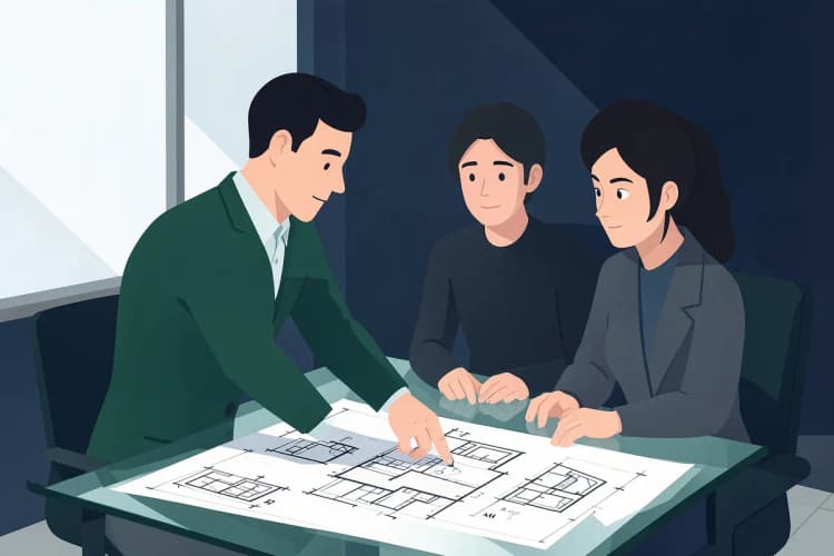 Um consultor imobiliário analisando plantas de um imóvel com clientes.