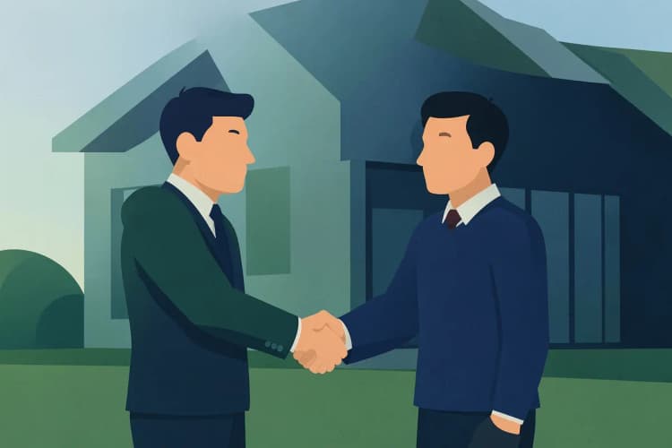 Um aperto de mãos entre um consultor imobiliário e um cliente satisfeito em frente a uma casa.