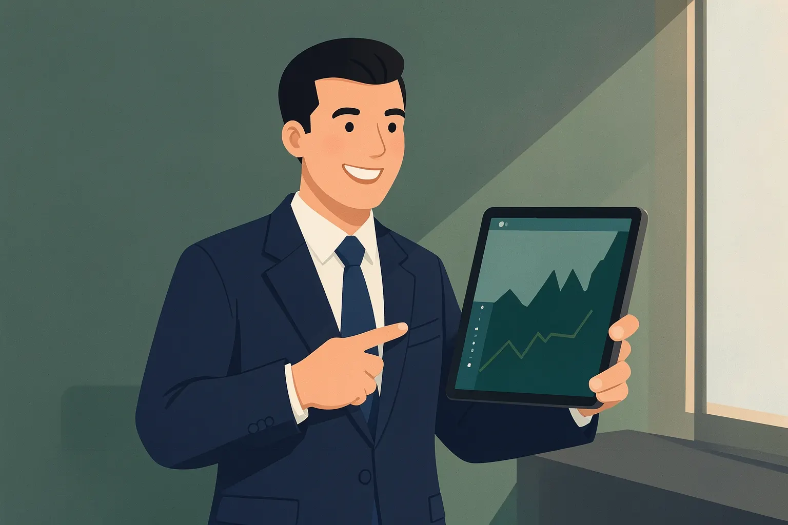Um consultor imobiliário sorrindo e apontando para um gráfico em um tablet, em um escritório moderno.