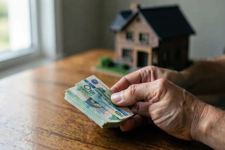 Uma pessoa contando dinheiro em frente a uma casa em miniatura.