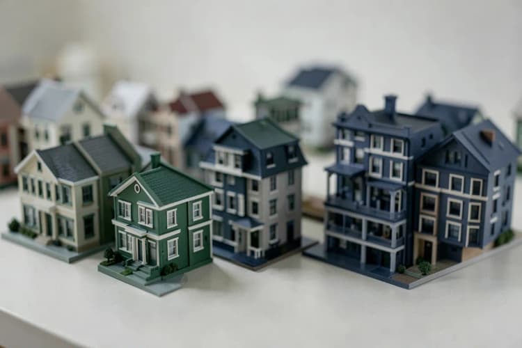Uma variedade de modelos de casas em miniatura, incluindo casas geminadas e apartamentos.
