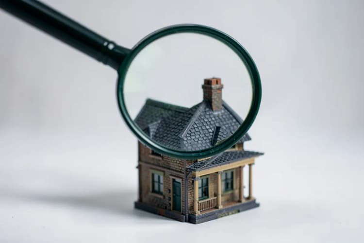 Uma lupa examinando um modelo de casa.