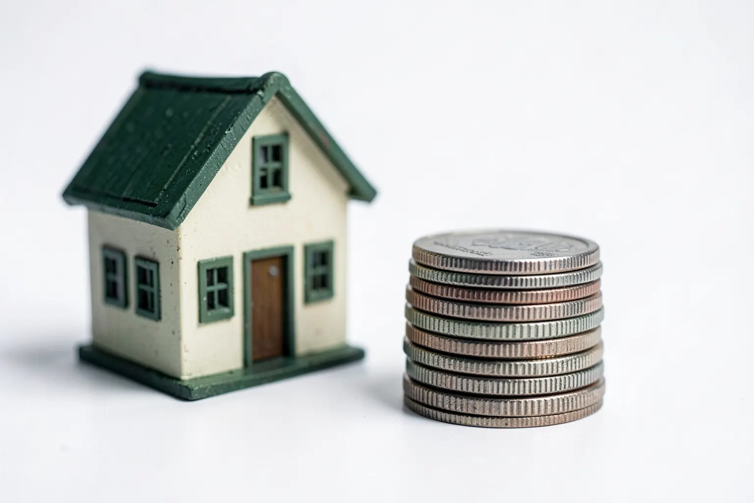 Uma casa com uma pilha de moedas de dinheiro ao lado, em um fundo branco.