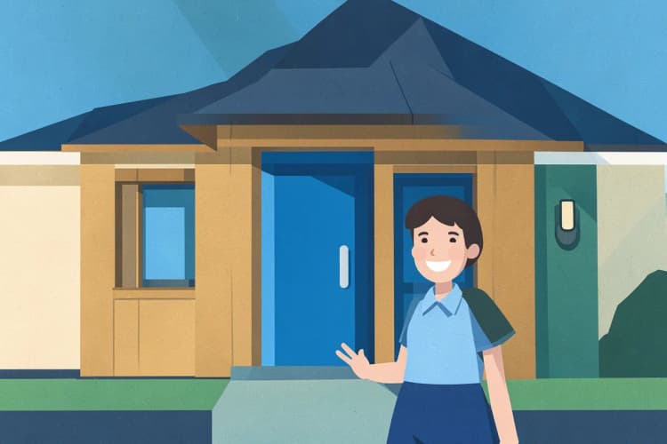 Fachada de casa com detalhes em madeira e porta de entrada azul, com uma pessoa sorrindo em frente.