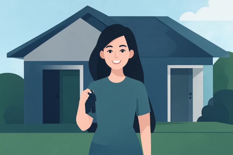 Mulher sorrindo e segurando chaves de casa em frente a uma casa nova.